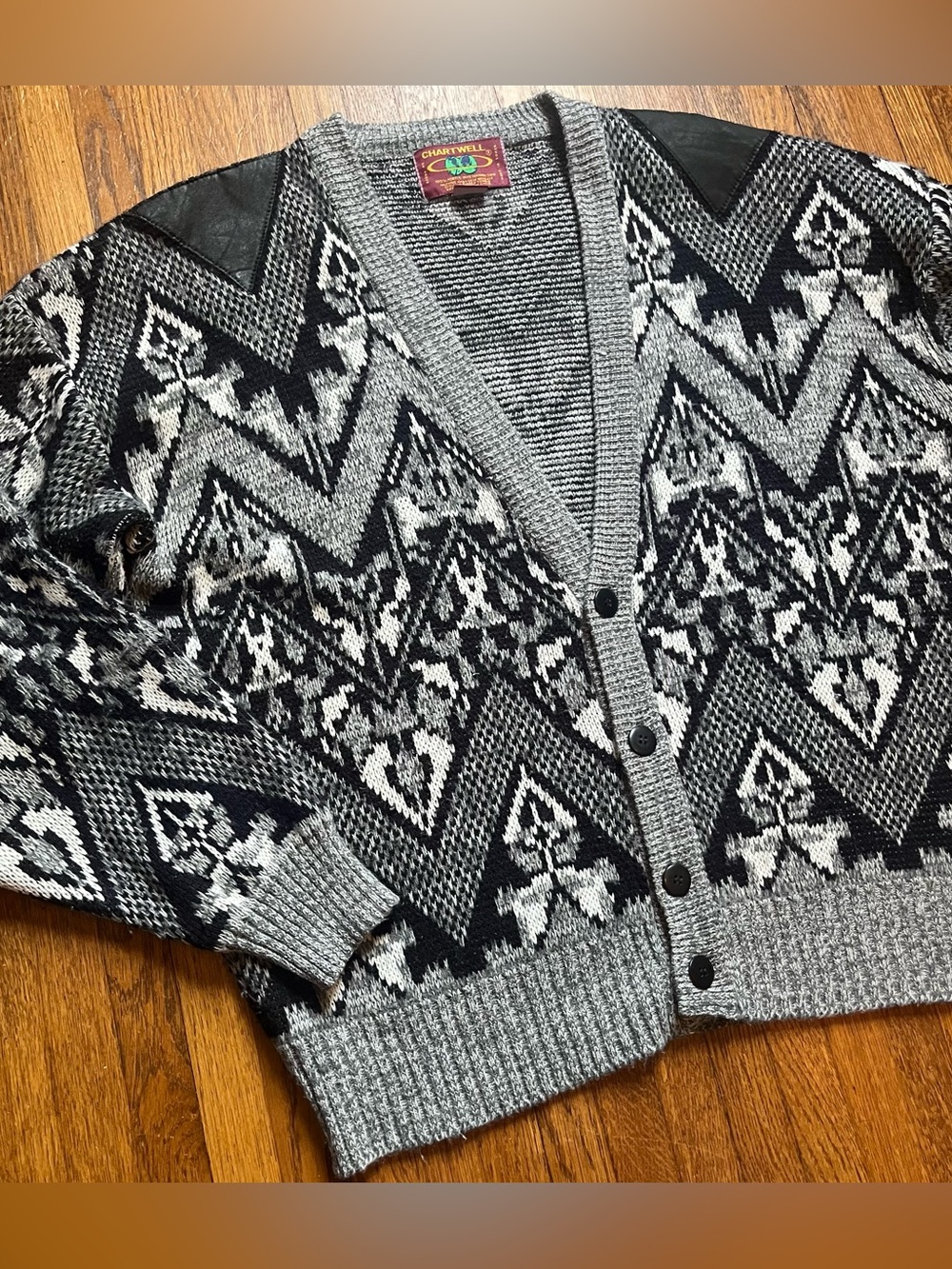 Vintage Grandpa cardigan sweater men’s XL gray academia leather patch